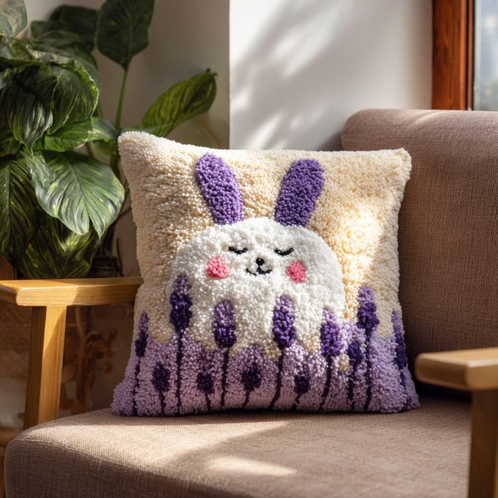 Latch Hook Pillow Kit For Adults,Lavender Rabbit 17X17In Latch Hook Kit For Pillow Cover With Instruction For Beginner Cross Stitch Sofa Cushion Cover With Crochet Yarn For Beginners And Home Decor