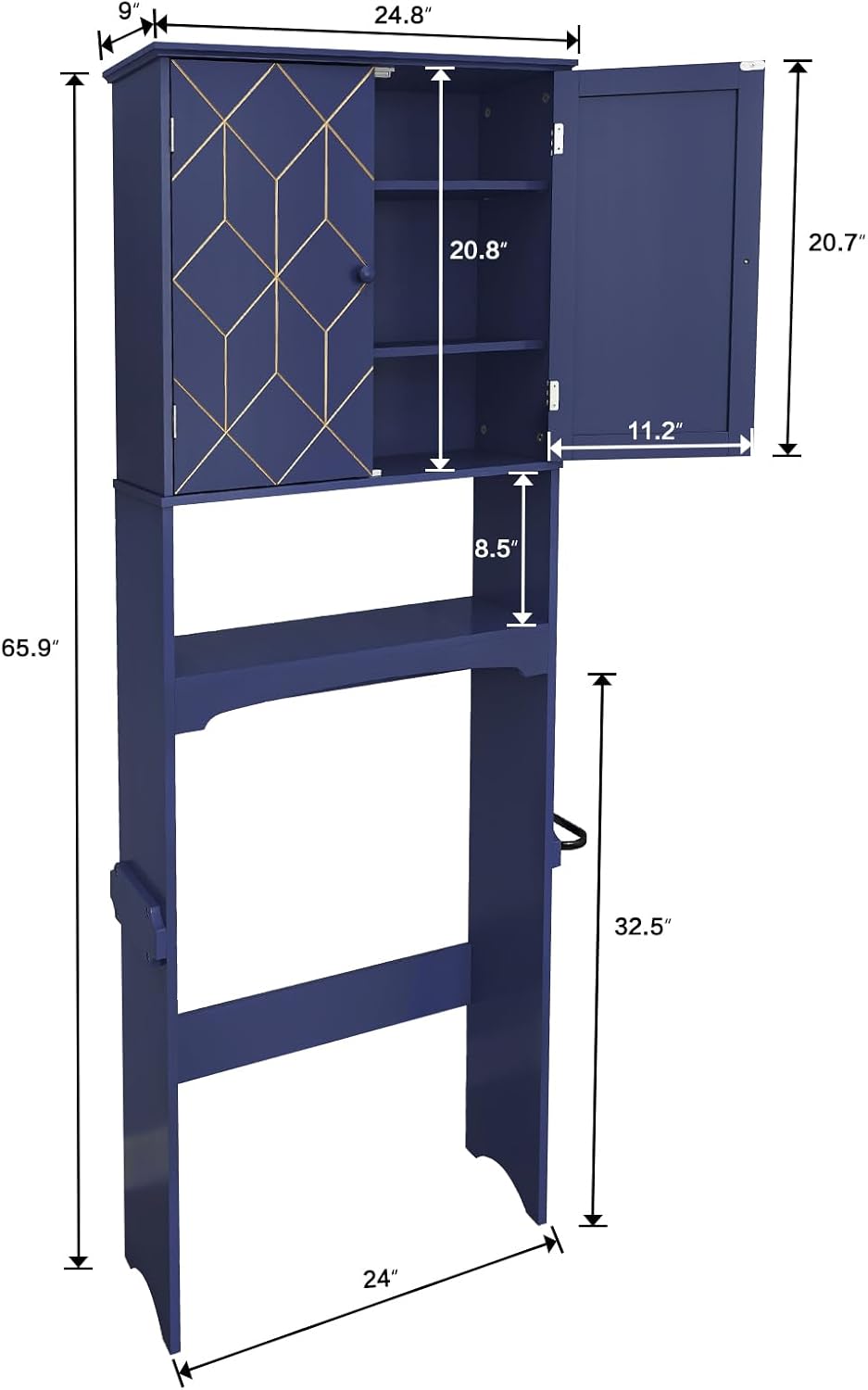 HLR Over The Toilet Storage Cabinet with Gold Trim, Over Toilet Bathroom Organizer with Adjustable Shelves and Toilet Paper Holder, Above Toilet Storage Cabinet Spacesaver for Bathroom (Blue)