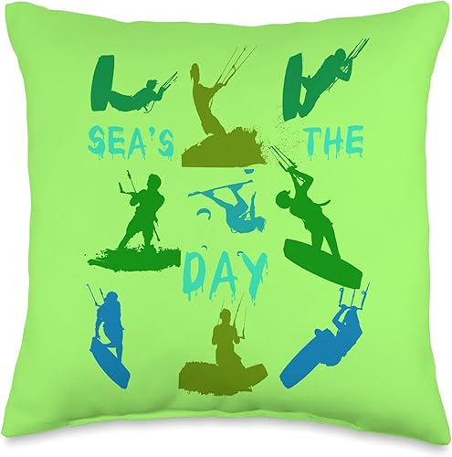 Miniatura 1 de Kitesurfer Silhouette Pattern with Seas The Day Quote 6 Throw Pillow, 16x16, Multicolor