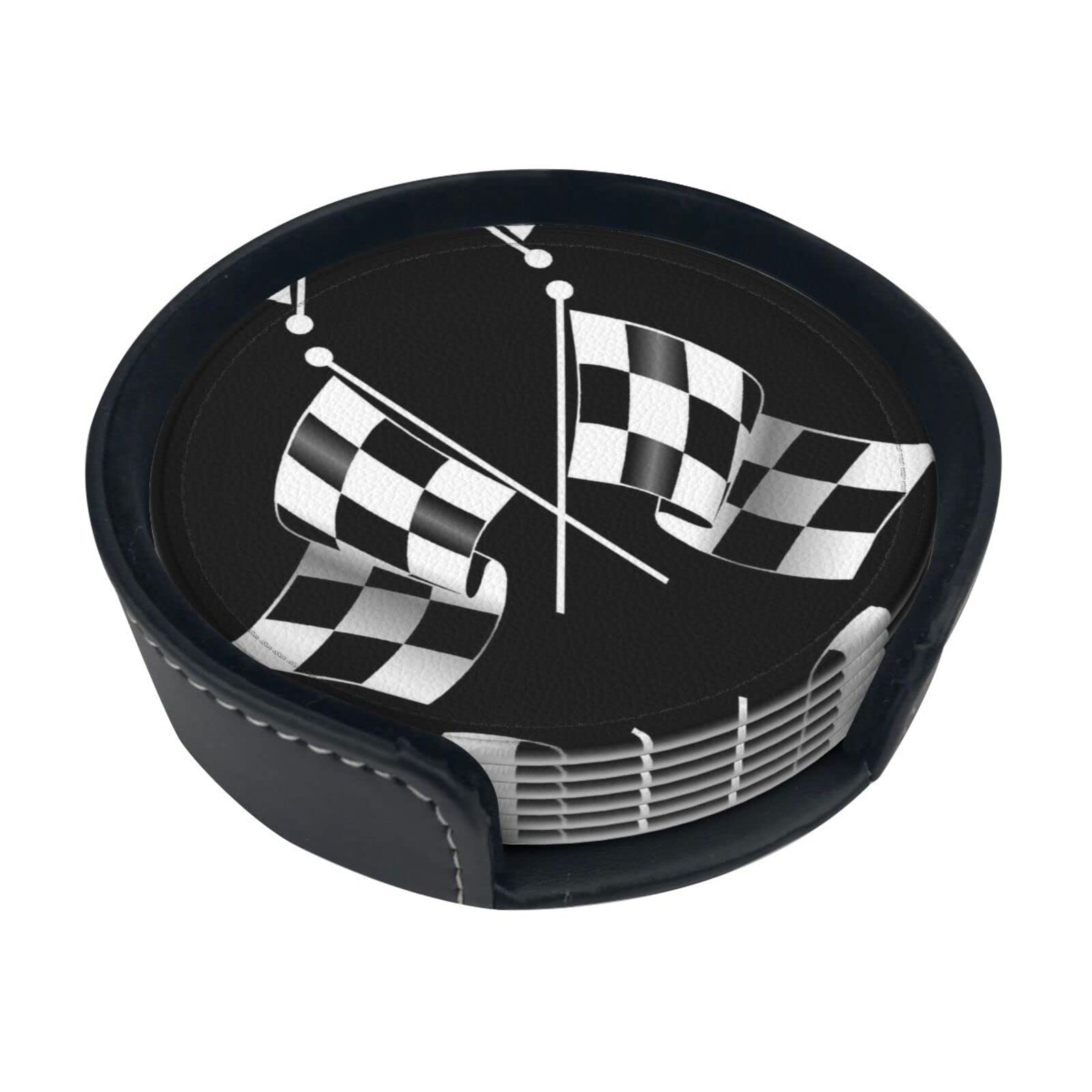 Black White Formula Checkered Flags Pattern Coaster,6 Pcs Leather Coasters, for Drinks Absorbent with Storage Box