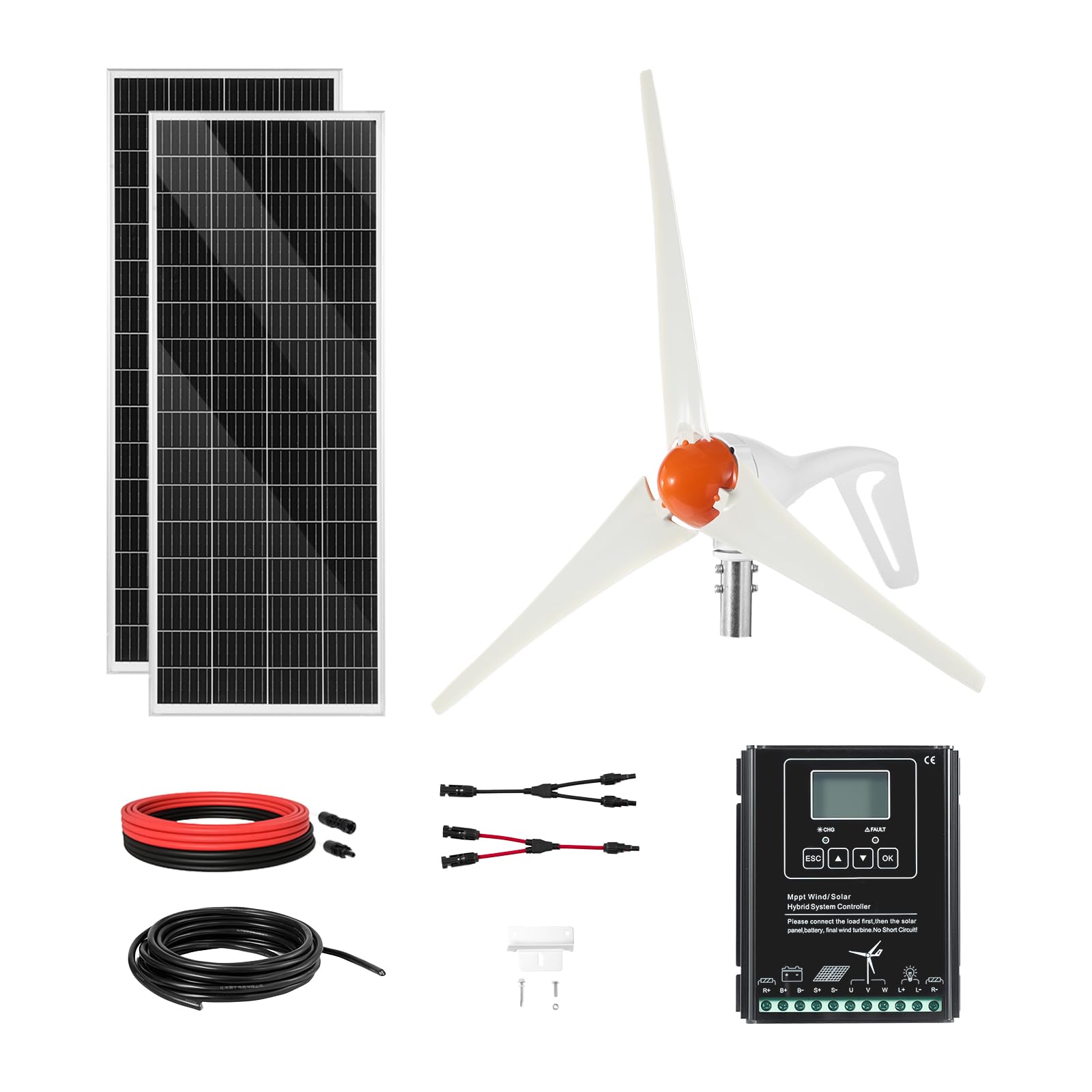 VEVOR 12V 400W Solar-Wind-Hybrid-Set, Inkl. 2 Stk. 100W Mono-Solarpanele 200W Windturbine mit MPPT Wind/Solar Hybrid-Laderegler, Netzunabhängige Energie für Heimgebrauch Wohnmobile Boote Camper RV