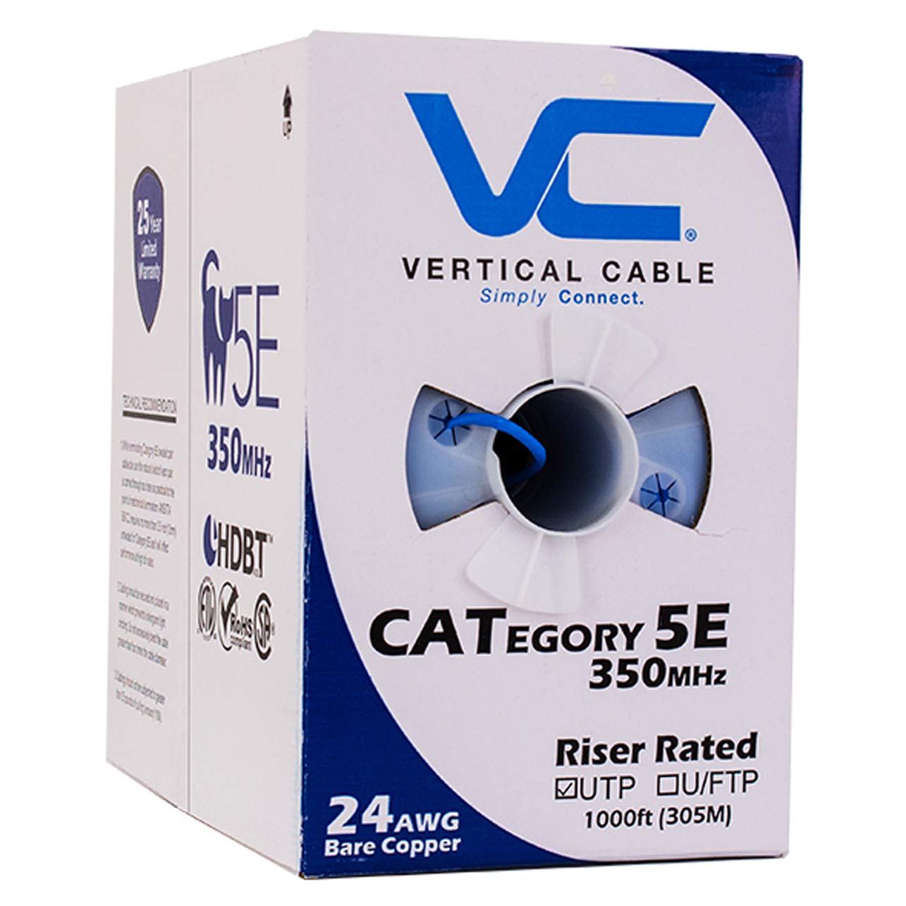 VC VERTICAL CABLECat5e, 350 MHz, UTP, 24AWG, 8C Solid Bare Copper, 1000ft, Blue, Bulk Ethernet - 054 Series