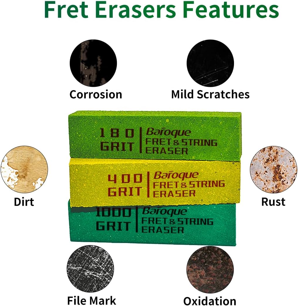 5pcs Fret Erasers Grits, Fret Polishing Cleaner & Masking Tape, Guitar Fret Polishing Abrasive Rubber Blocks Tool, Clean Fret Wire/String/Metal(180& 400& 1000& 1500& 2000 Grit)