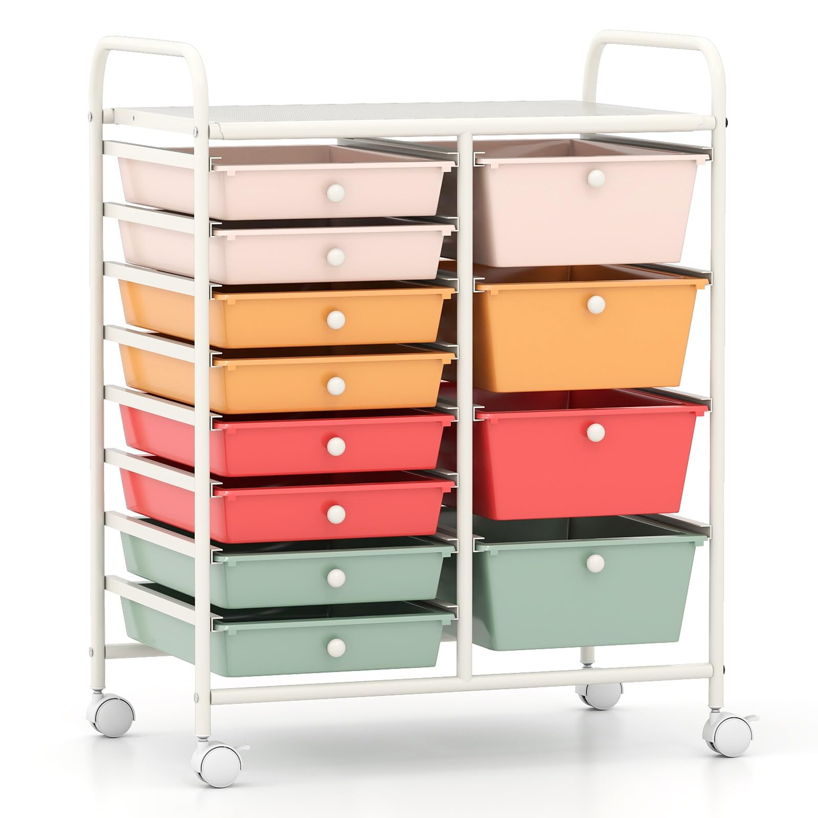 LDAILY 12 Drawer Rolling Storage Cart, Rolling Cart with Drawers for Classroom, Art Supply Craft Organizer on Wheel with Metal Frame &amp; Handles for Home Office School (Macaron, 12 Drawer Left-Right)