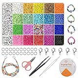 【Verschiedenes Zubehör】- Alles, was Sie brauchen, ist in unserem Perlenset enthalten, 1 * Kristalllinie, 1 * 24 Gitter Aufbewahrungsbox, 10000 Glasperlen (20 Farben), 200 Buchstabenperlen, 1 * Schere, 1 * Pinzette, 1 * Perlennadel, 10 * Karabinerverschlüsse, 50 * offene Schlaufen.