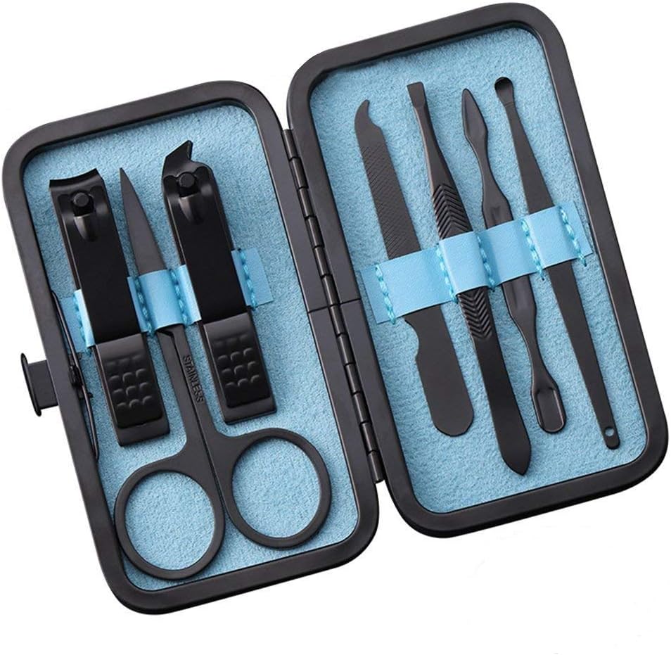 Nail Clippers – Black Stainless Steel Fingernails & Toenails Clippers Sharp Nail Cutter with Leather Case, Set of 7（blue）