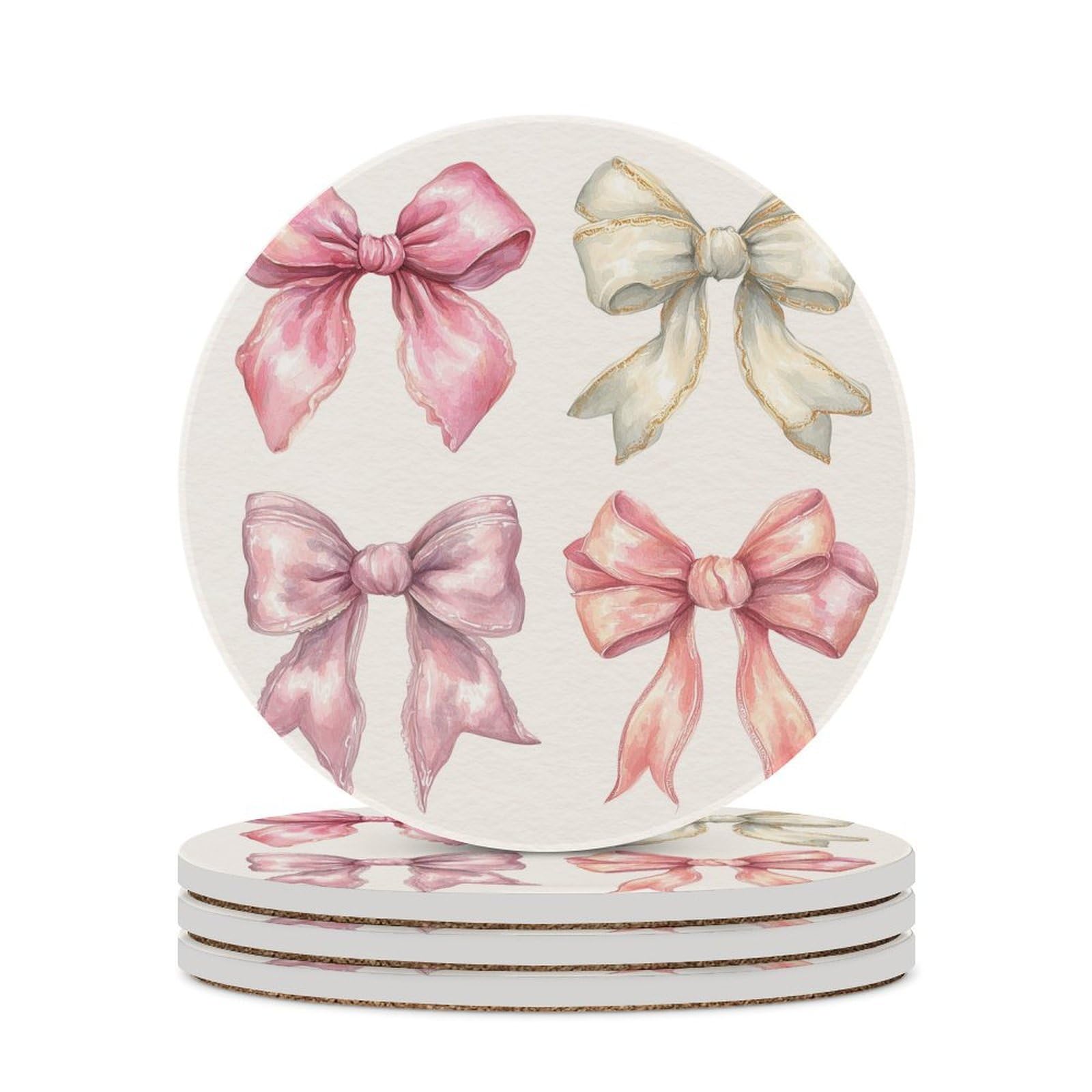 Luxury Coquette 4 Pink Bow Watercolor Coasters Set of 4 Absorbent Coasters