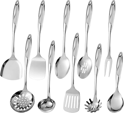 Juego de utensilios de cocina de acero inoxidable 304, 10 piezas de utensilios de cocina de metal, utensilios de cocina pulidos con espejo, juego de