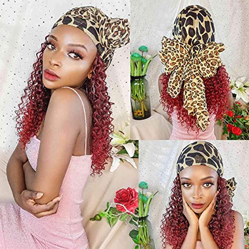 20" Long Burgundy Jerry Curly Synthetic Hair Scarf Wigs with Per-attached Leopard Print Scarf for Black Women Ombre 99J Synthetic Curly Hair Wig, Natural Style, 1 Wig Varied Styles