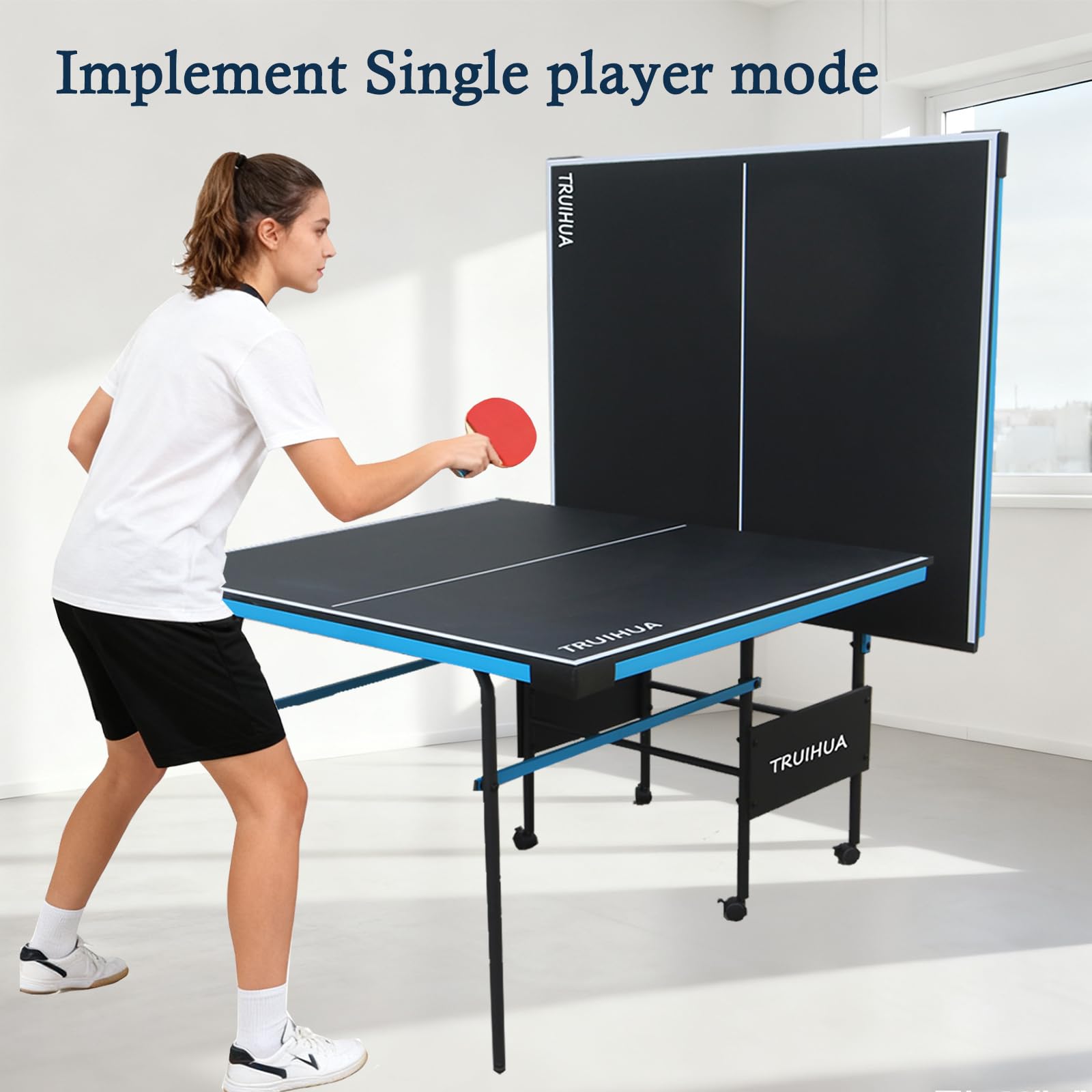 Table de tennis de table de 2,1 m pour intérieur et junior, compacte, pliable, pour l'extérieur, avec raquette de tennis de table et filet pour enfants, 210 x 117 x 76 cm