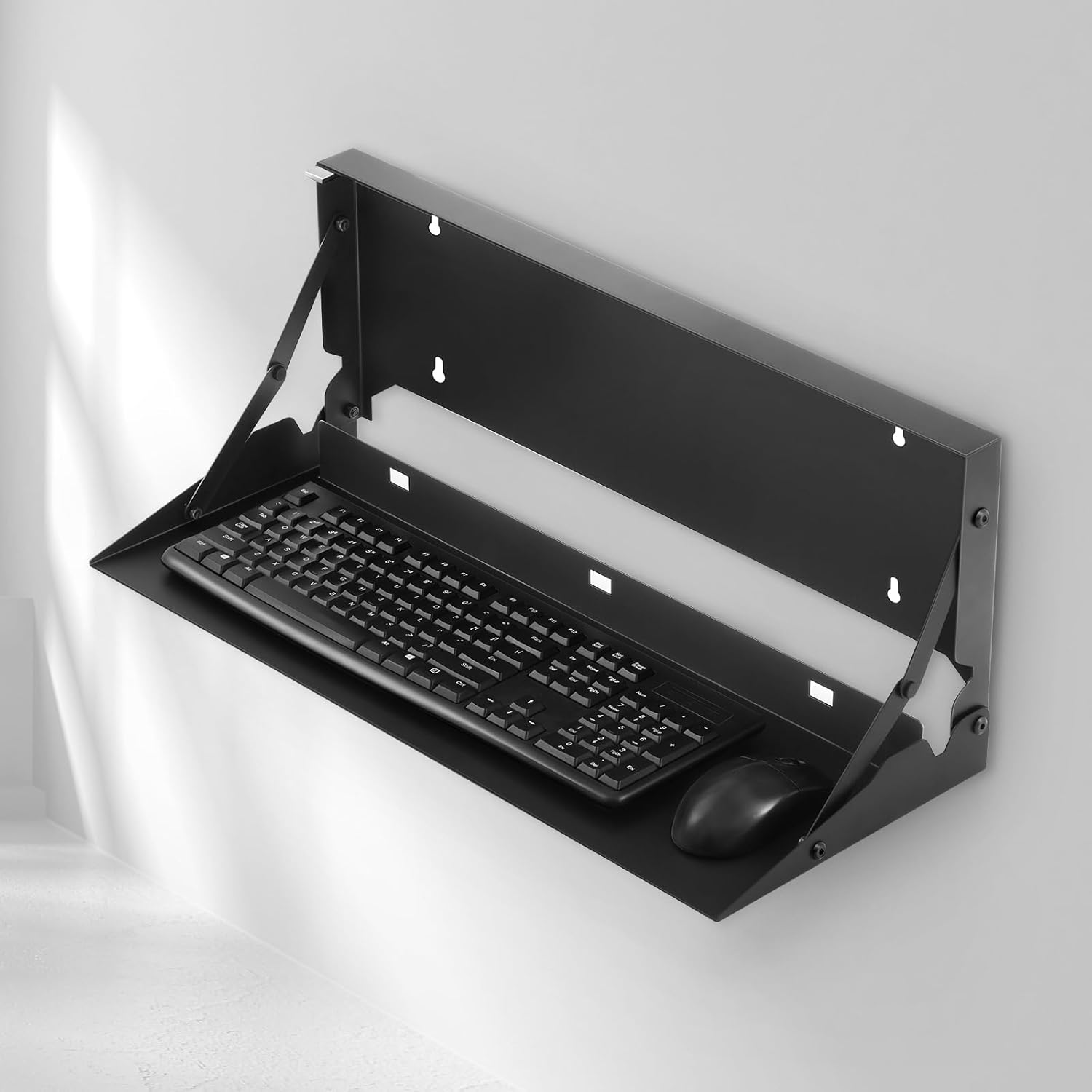 24 Inch Keyboard Wall Mount Foldable Fits Standard Computer Keyboard Mouse Stand Tray Organizer for Small Offices Apartments, Easy Installation with 4 Screws(Black)