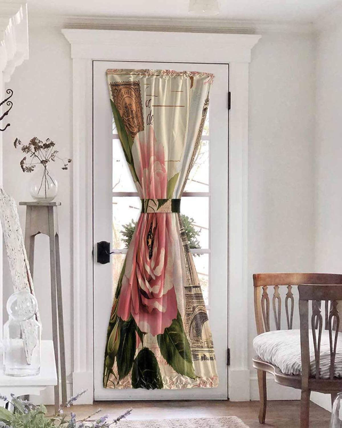 Vintage Floral French Door Curtain Sliding Front Door Curtains for Glass Window Blackout Thermal Privacy Retro Letter Tower Sidelight Curtains for Living Room Patio 25"x72" with Tieback