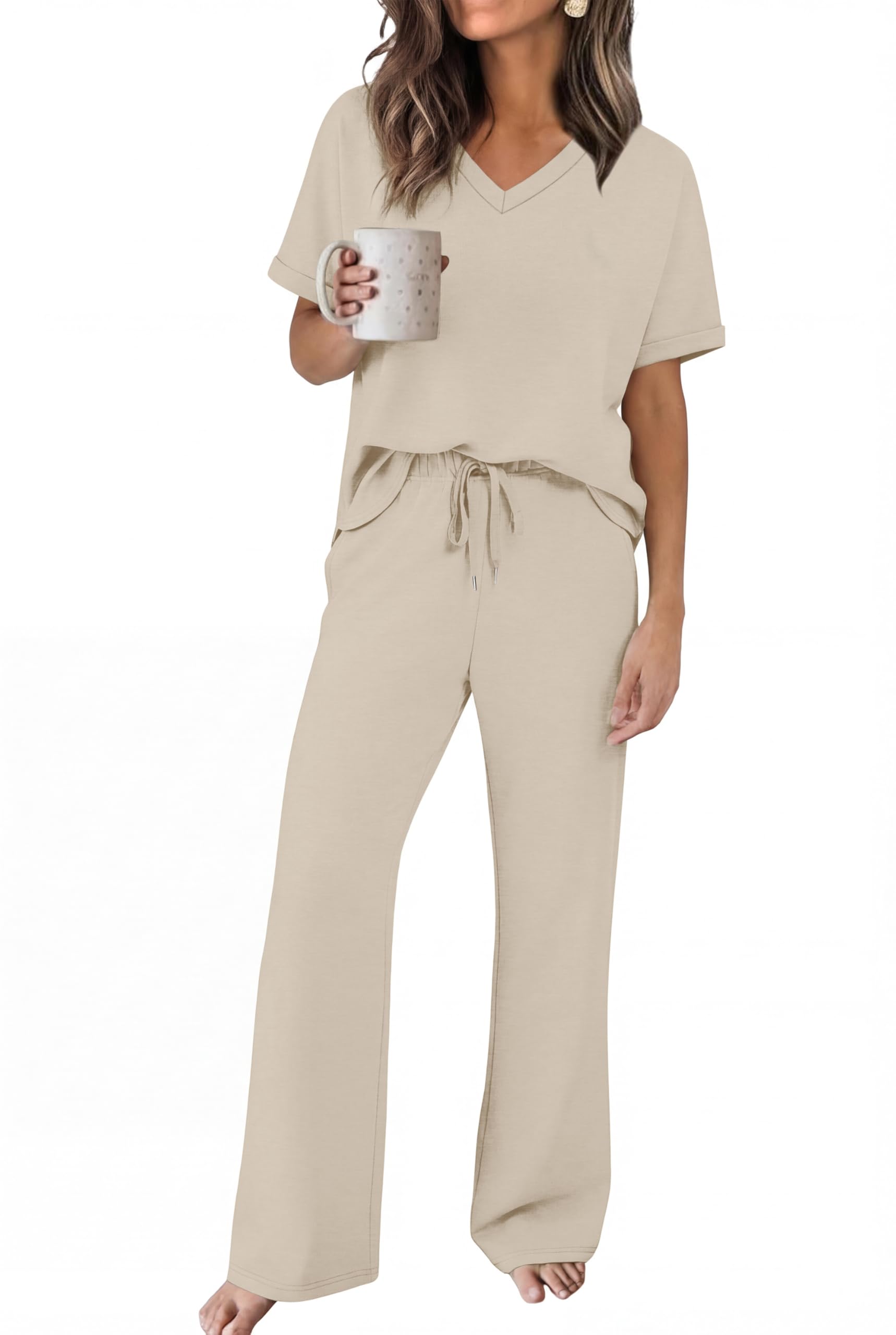 Sampeel Lounge Sets for Women 2 Piece Sets Summer Resort Wear Capsule Wardrobe 2026 Vacation Spring Cruise Travel Business Casual Airport Outfits Fashion Clothing Beige L