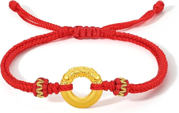 ZHOU LIU FU 24K Solid Gold Bracelets Real Gold Round Peace Buckle Charm Bracelet Pure Gold Elegant Adjustable Circle Jewelry for Women Mom Daughter Birthday Anniversary 6.3-8.7"16+6cm