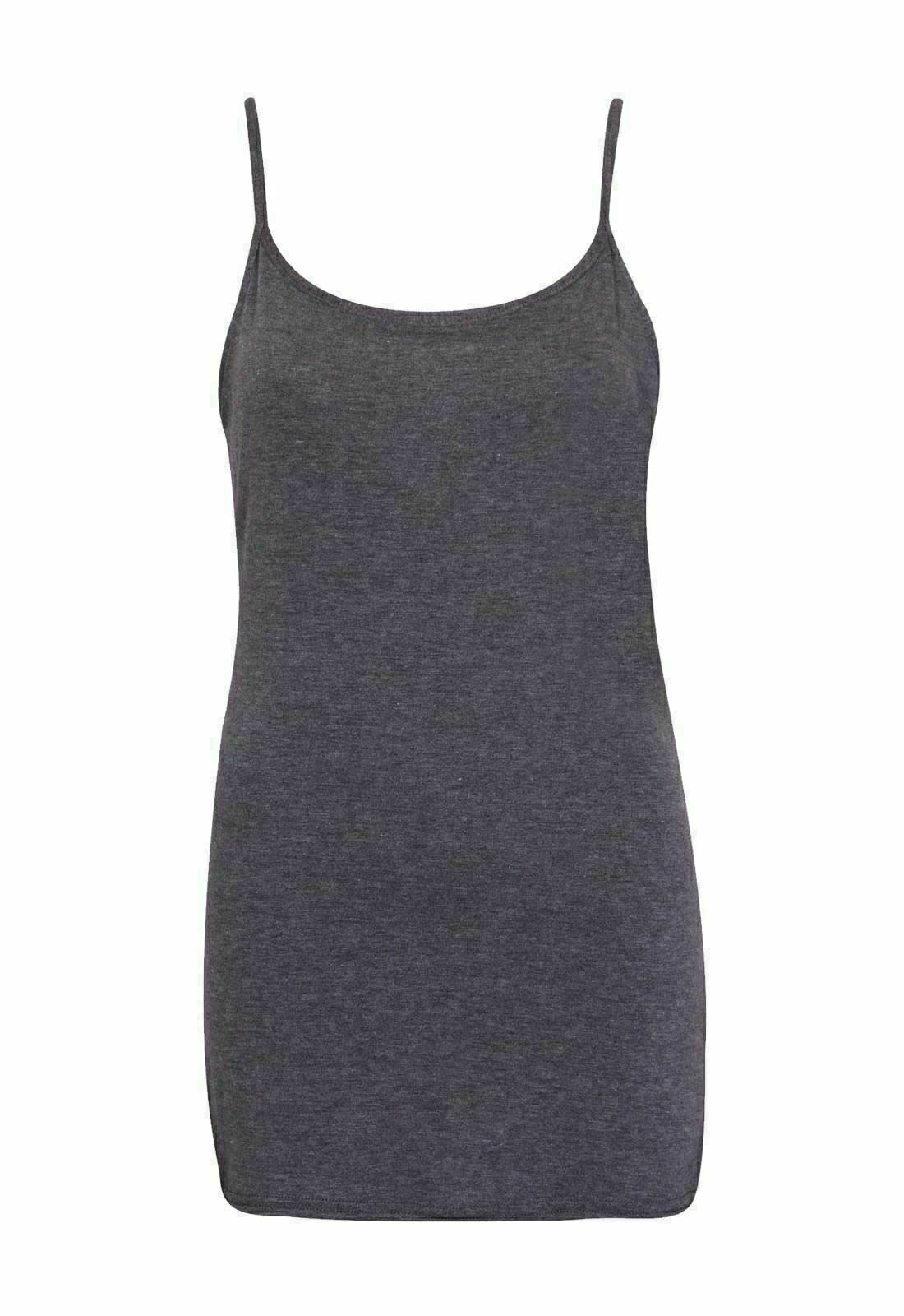FAIRY BOUTIQUE Womens Sleeveless Plain Stretch Long Strappy T-Shirt Ladies Scoop Neckline Camisole Vest Tank Top Charcoal