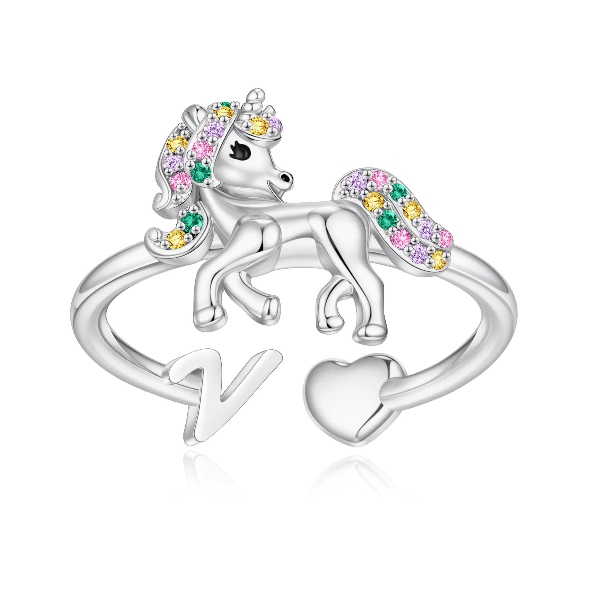 Unicorn Initial Rings for Teen Girls, Rose Gold/White Gold Plated Heart Initial Rings for Girls Adjustable Stackable Rings for Women Diny Heart Ring for Teen Girls Gifts Unicorns Gifts for Girls
