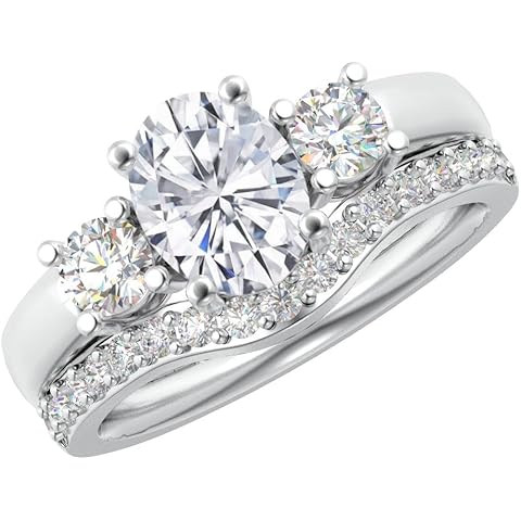 1-6 Carat Oval 14K White Gold LAB GROWN Gemstone and LAB GROWN Diamond Wedding Bridal Set (1ct Center, AAAA Heirloom Quality)