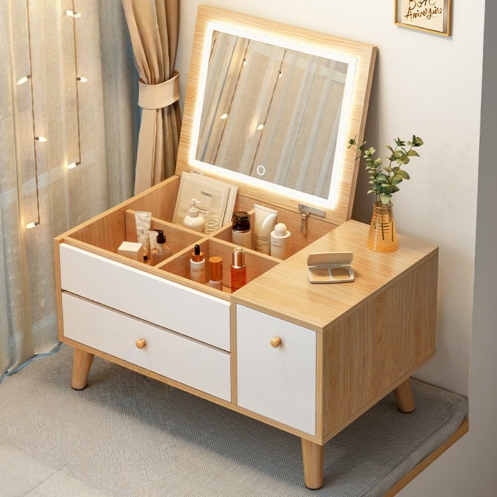 出窓化粧台ベッドルーム多機能化粧台引き出し付き小型ミニエコノミーメイクアップデスク (60cm（ライト付き）,ナチュラル)