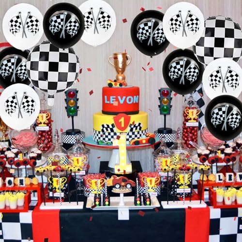 Image of 12 Pcs Race Car Themed Balloons Sets Checkered Flag Latex Balloons for Kids Boy Girl Racing Car Fast One Birthday Party Decorations