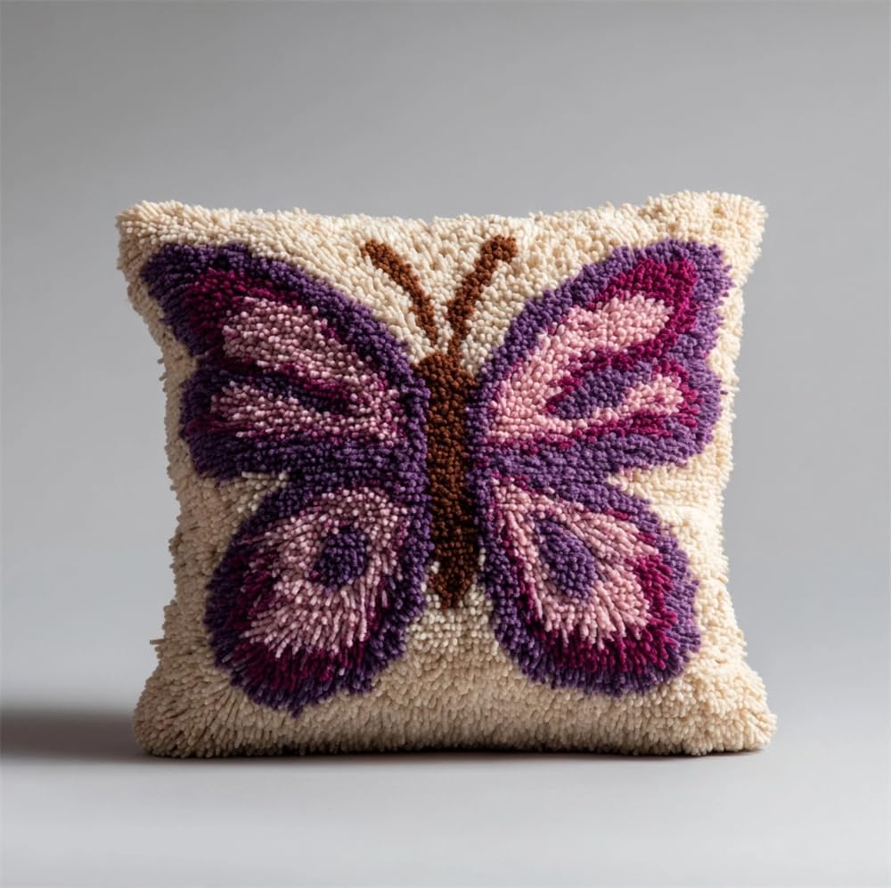 FWRTYCB Latch Hook Pillow Kit Purple Butterfly Crochet Yarn Hooking Pillow