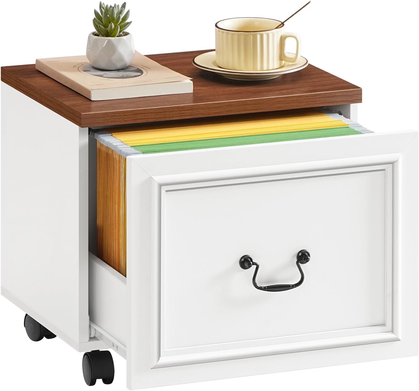 1 Drawer File Cabinet, Rolling File Cabinet for Home Office, Wooden Under Desk Storage, Printer Stand with Drawers, for A4/Letter-Size Files, White and Walnut FCBA3701