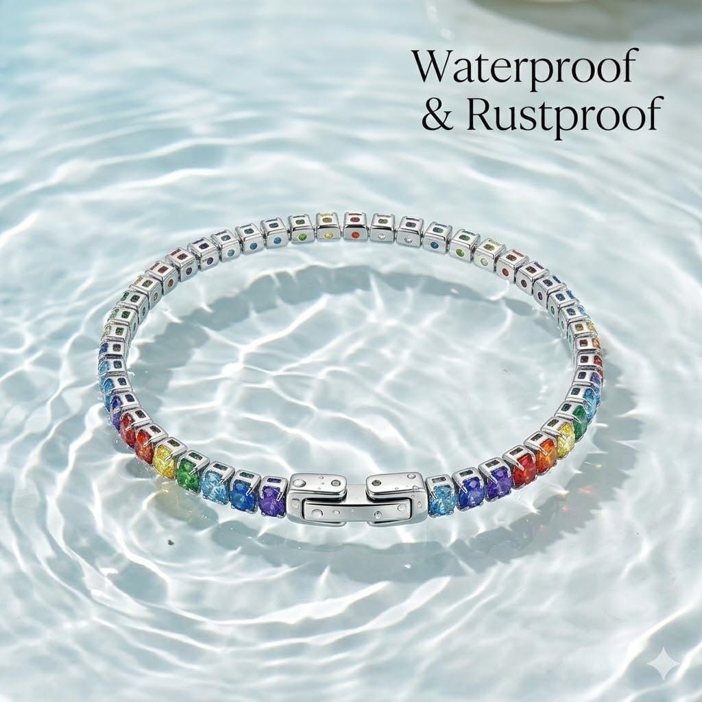 Women's Rainbow Tennis Bracelet — 18K gold-plated stainless steel, inlaid with colored zircon, sparkling multi-color gemstone chakra bracelet, adjustable fashion jewelry, a gift for mother, wife and girlfriend
