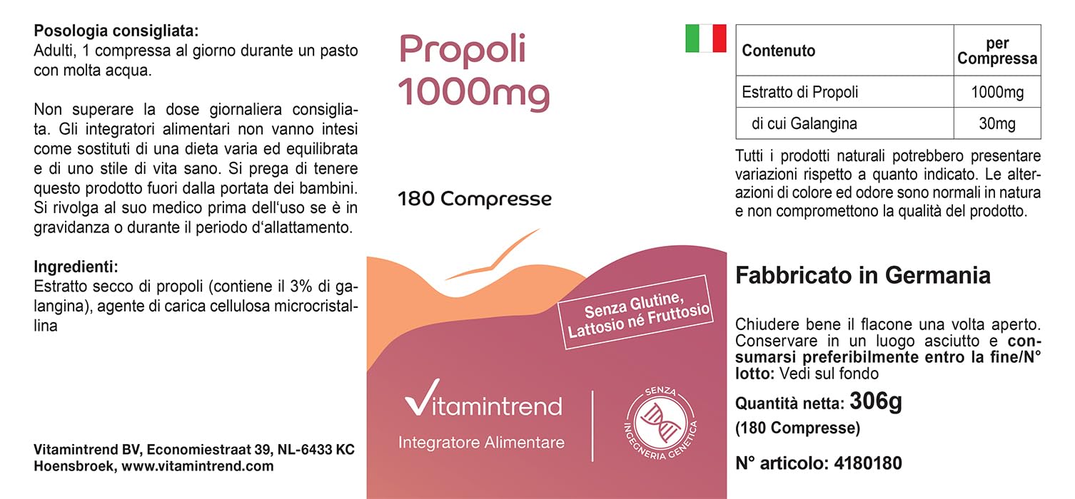Vitamintrend Extrait de propolis 1000 mg, 180 comprimés, hautement dosé, complément alimentaire sans stéarate de magnésium, fabriqué en Allemagne