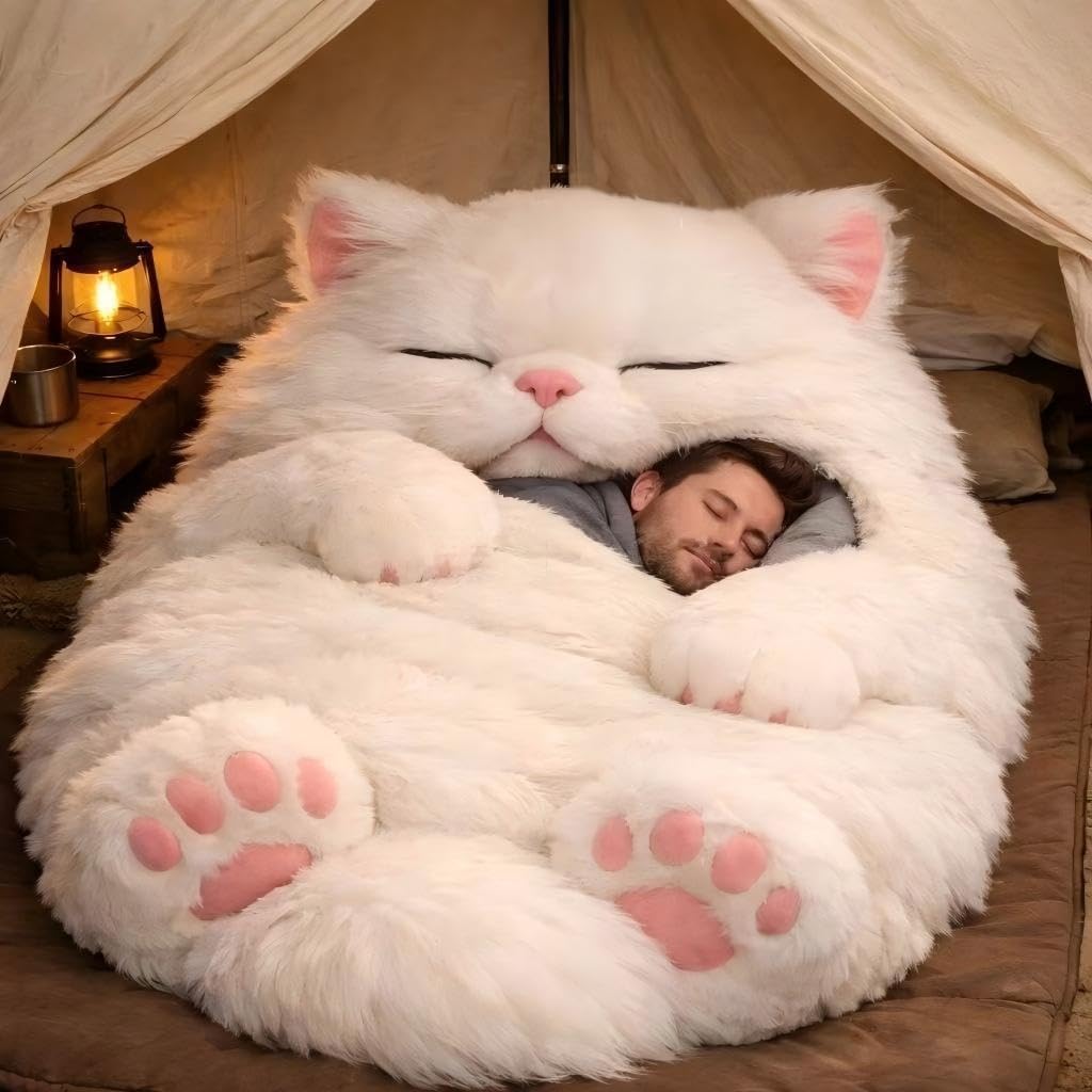 Saco de Dormir Tipo sobre con Estampado de Gato de Peluche, Suave y cálido Forro Polar, Lavable a máquina, Adorable Manta cálida con temática de Gato para casa y Camping.