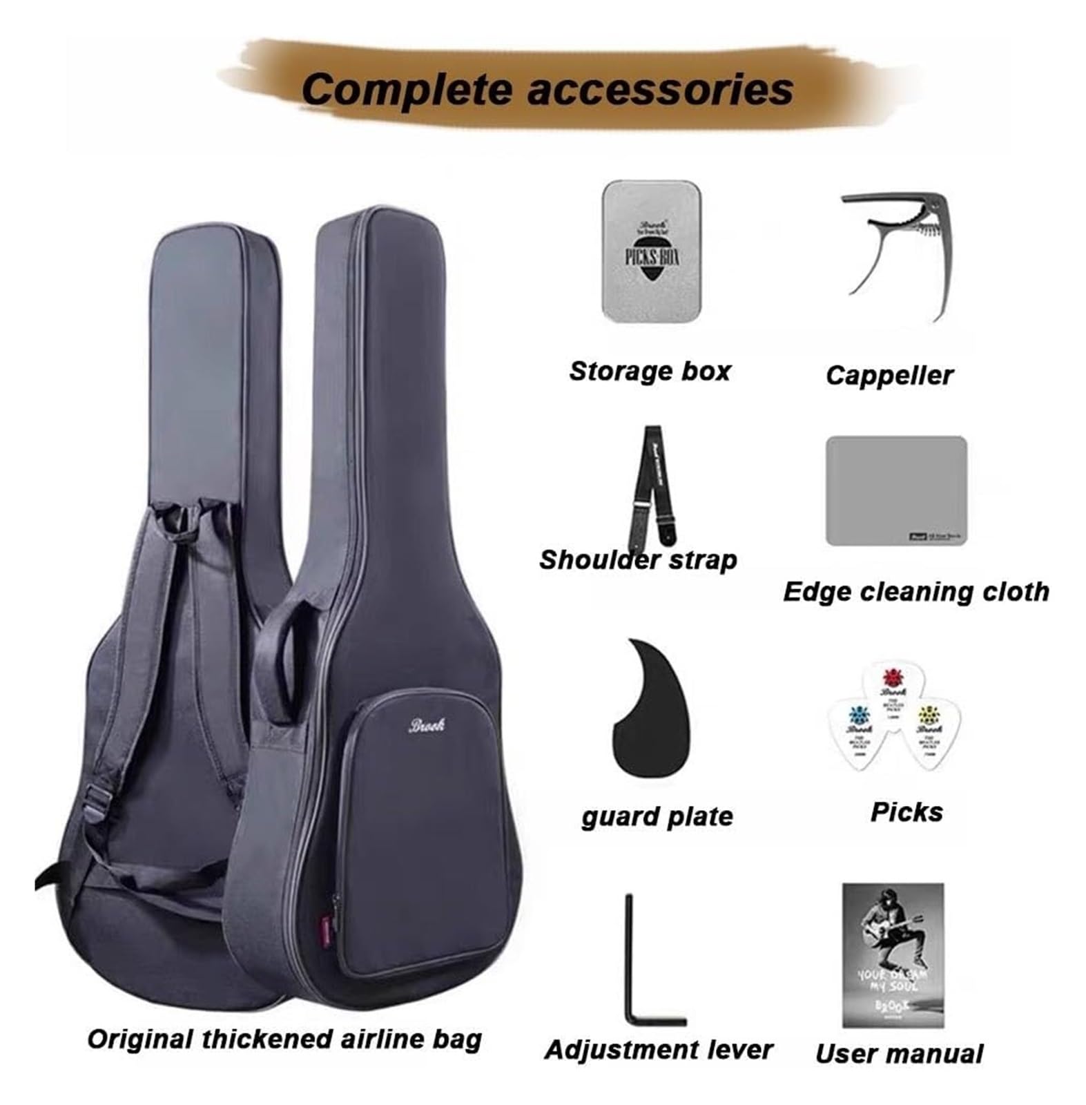 Chitarra acustica, confezione con borsa da concerto, plettri, corde e tracolla, 104 cm, top in abete dreadnought full size, per principianti, adolescenti e adulti (nero)