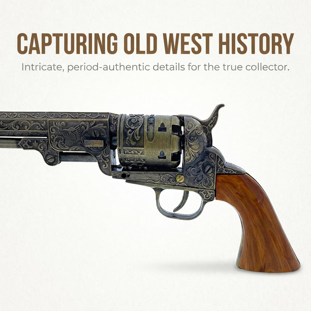 US Decorative Western Style Navy Revolver Display - 13" Steel Western Pistol w/Stand - Ornate Engravings, Functional Trigger & Hammer Revolver Toy Gun – Ideal for Thematic Old Western Decor