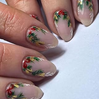 24Pcs Christmas Press on Nails Short Almond Fake Nails with Gold Glitter Design Holly Leaf Glue on Nail French Tip False Nails Nude Stick on Nail Winter Acrylic Nails for Women Xmas Manicure