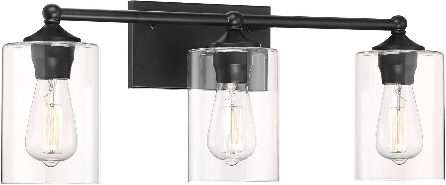 Bellings Modern Industrial Vintage Wall Mount Light Black Metal Hardwired 24" Wide 3-Light Vanity Fixture Clear Glass Cylinder Shades for Bathroom Mirror House Home Room Decor - 360 Lighting - - 