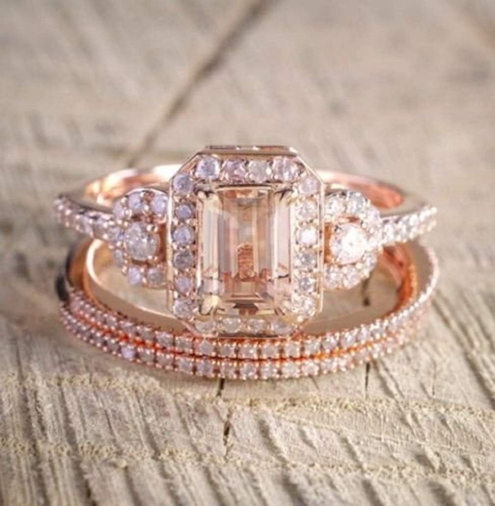 Duan Gorgeous 18K Rose Gold Filled Morganite Ring Engagement Bridal Women Jewelry Set Size 6-10