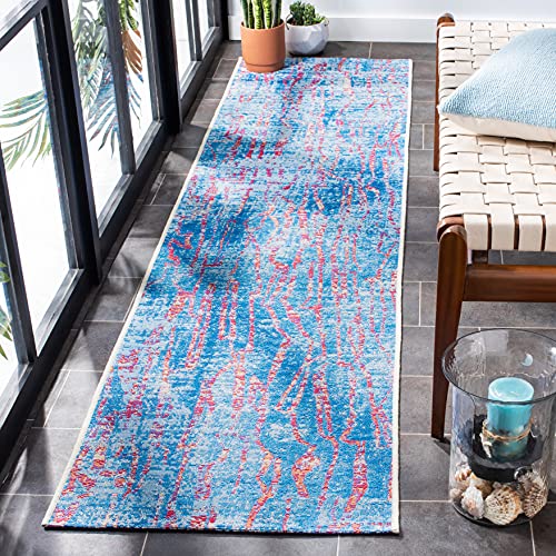 SAFAVIEH Summer Collection 2' x 8' Blue / Red SMR408M Boho Indoor/ Outdoor Non-Shedding Easy scrubbing Patio Backyard Porch Deck Mudroom Runner-Rug