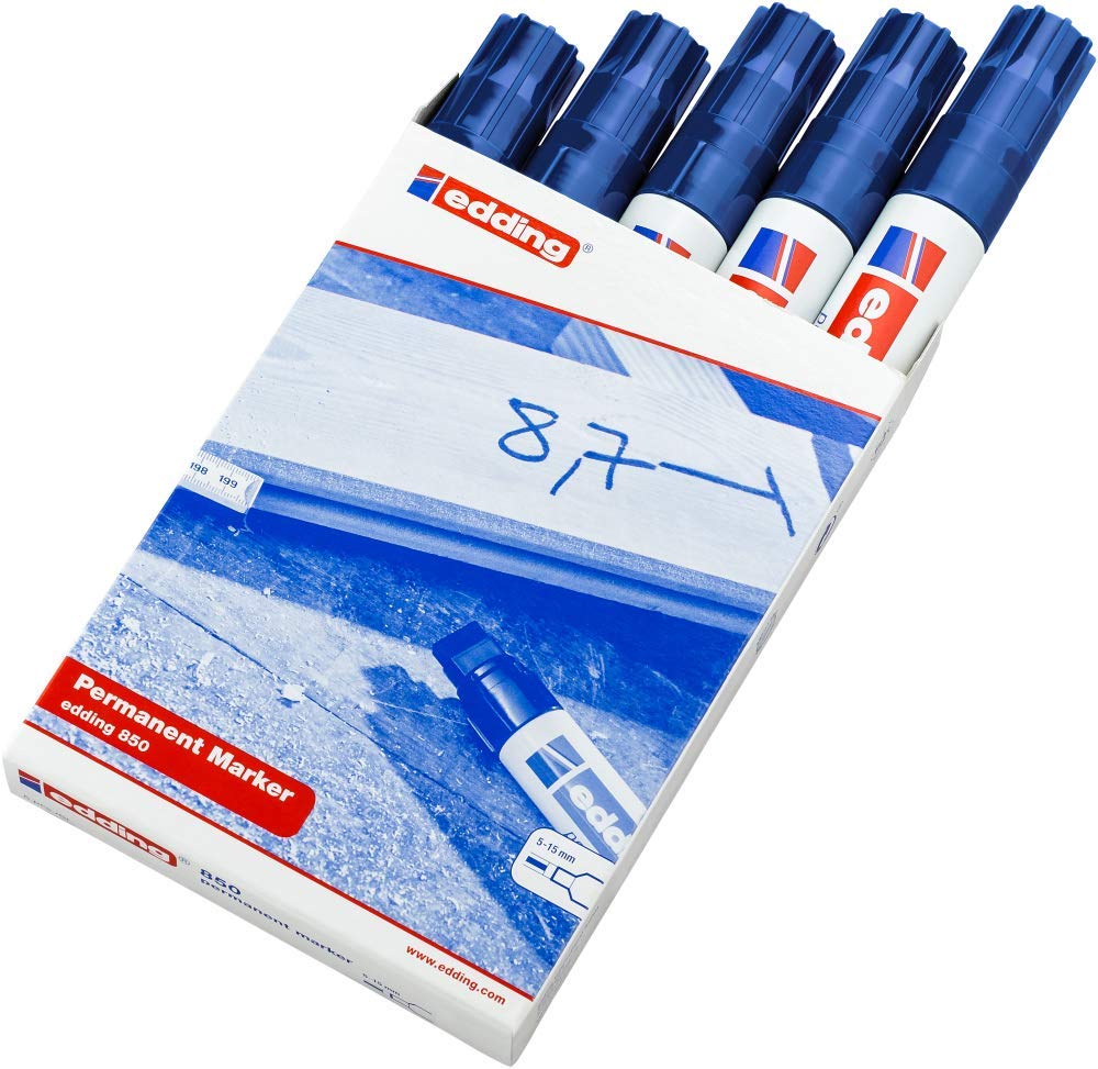 Edding 850 Marcatore Permanente, Blu, 5Pz, Punta a Scalpello 5-15 Mm -Ad Asciugatura Rapida e Senza Sbavature, per Cartone, Plastica, Vetro, Legno, Metallo e Tessuto