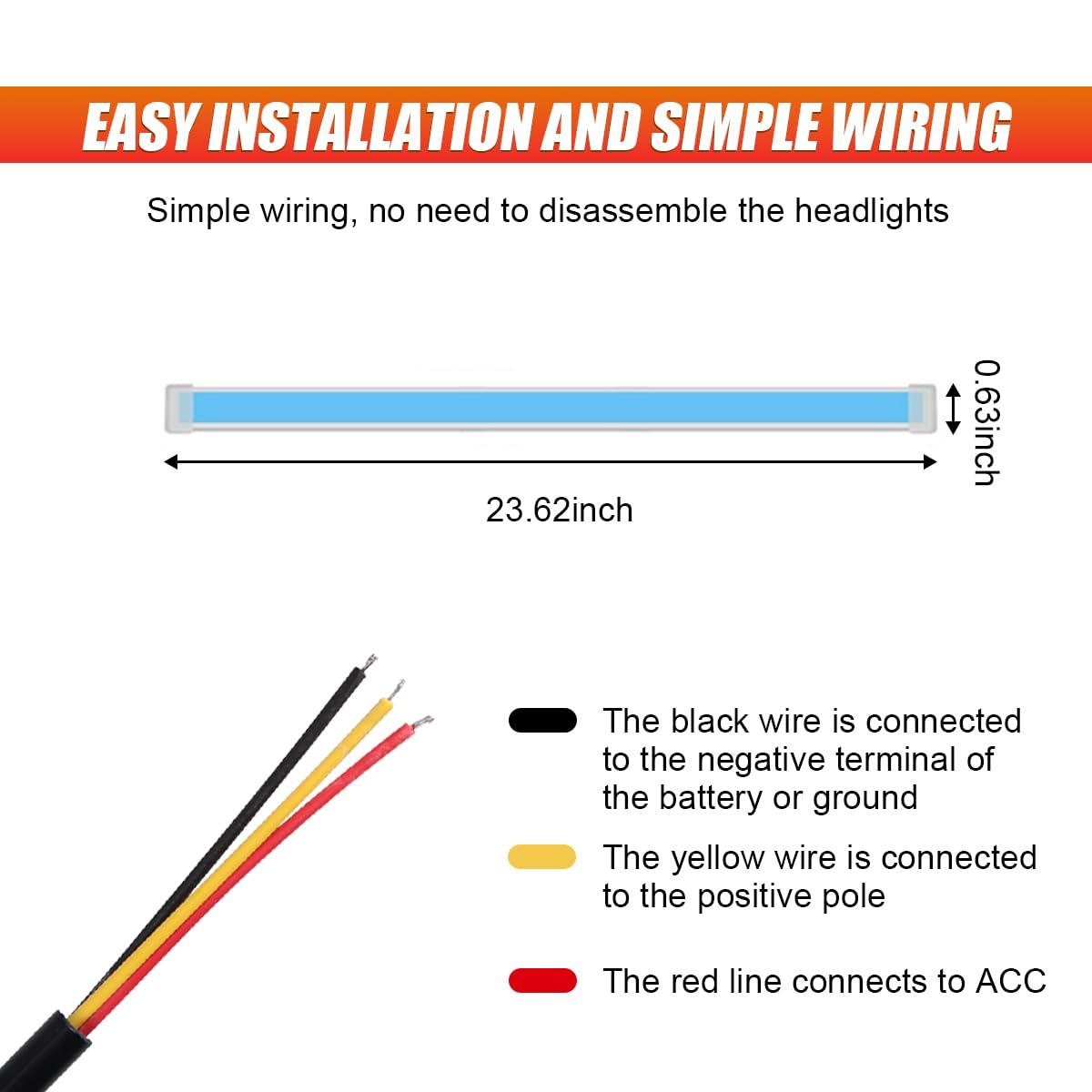 2PCS 24 Inch Car LED Strip Lights, Waterproof Car Daytime Running Light Strip, Flexible DRL Dual Color Sequentially Flow Turn Signal Strip Light, LED Headlight Strip for Car Truck SUV (White/Yellow)