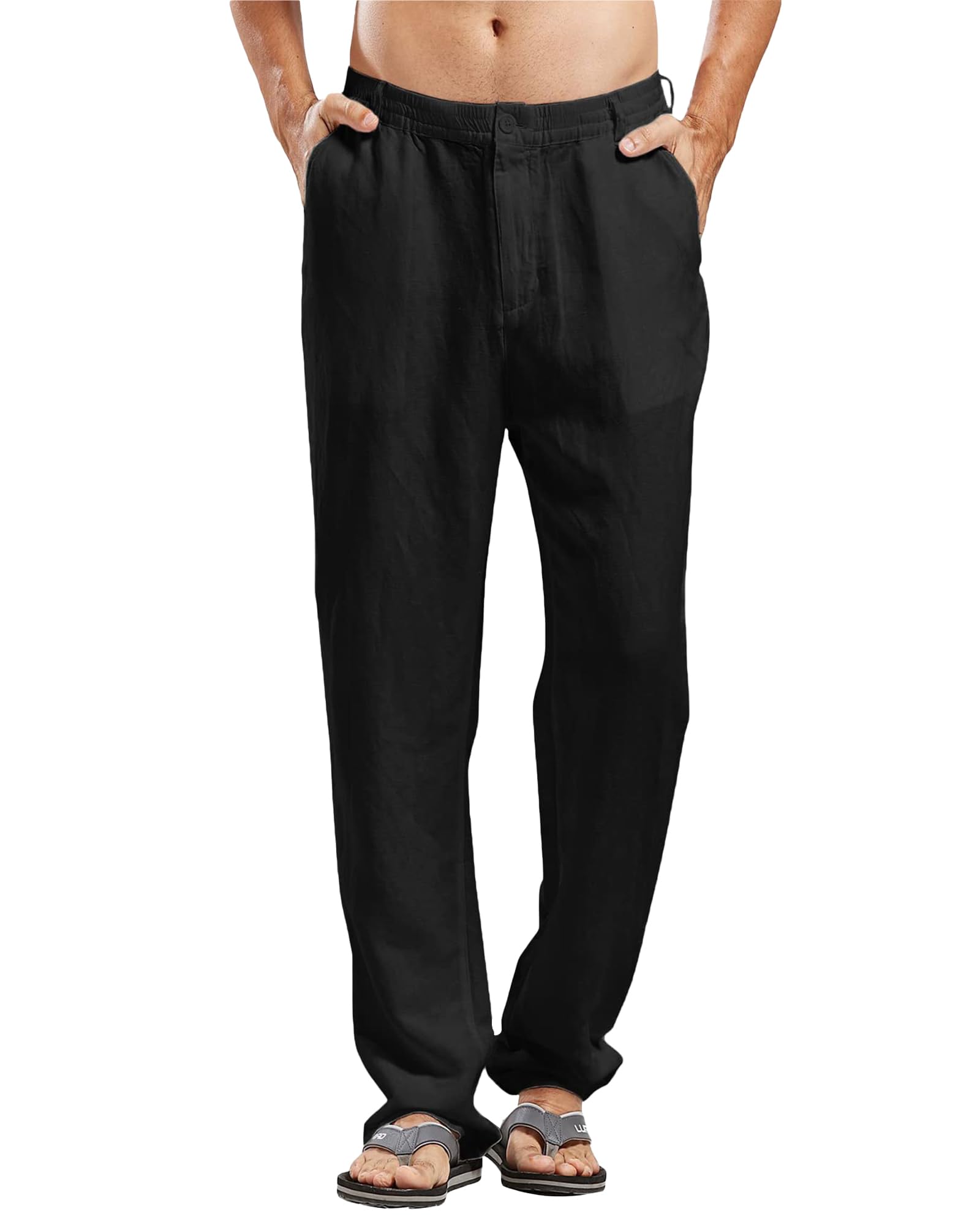 LVCBL Linnen herenbroek, lang, licht, zomerbroek, losse pasvorm, vrijetijdsbroek, effen voor mannen, M-3XL, wit, XXL