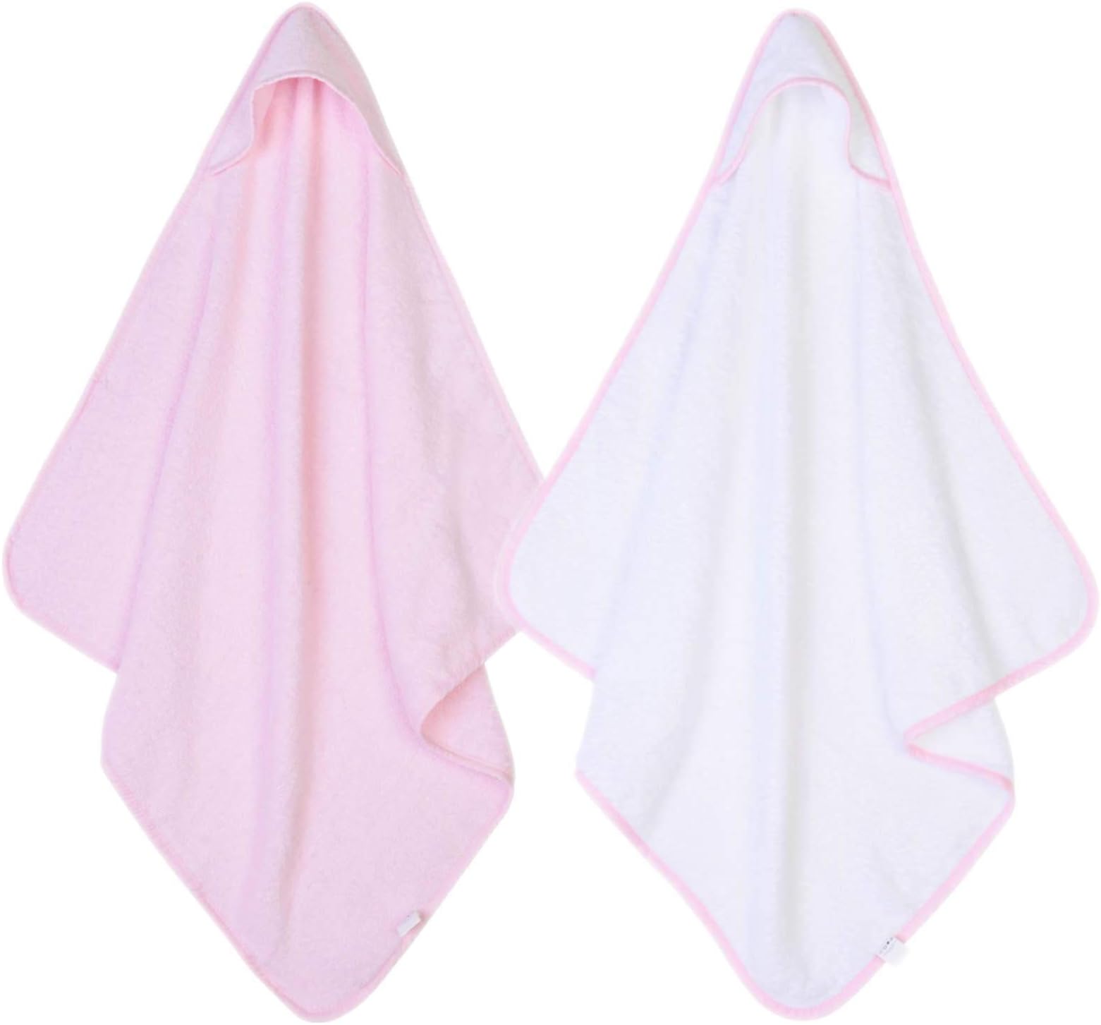 2 x Hooded Baby Towel Soft 100% Cotton Bath Wrap Pack of Two Towels, Pink & White