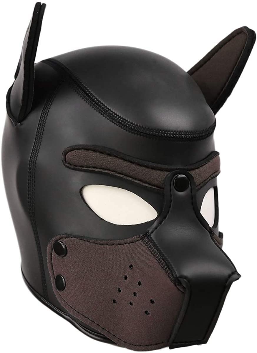 OTEXIFIF Neoprene Puppy Hood Mask, Removable Cosplay Dog Full Face Pup Hood Mask, Halloween Mask (Brown, Large)