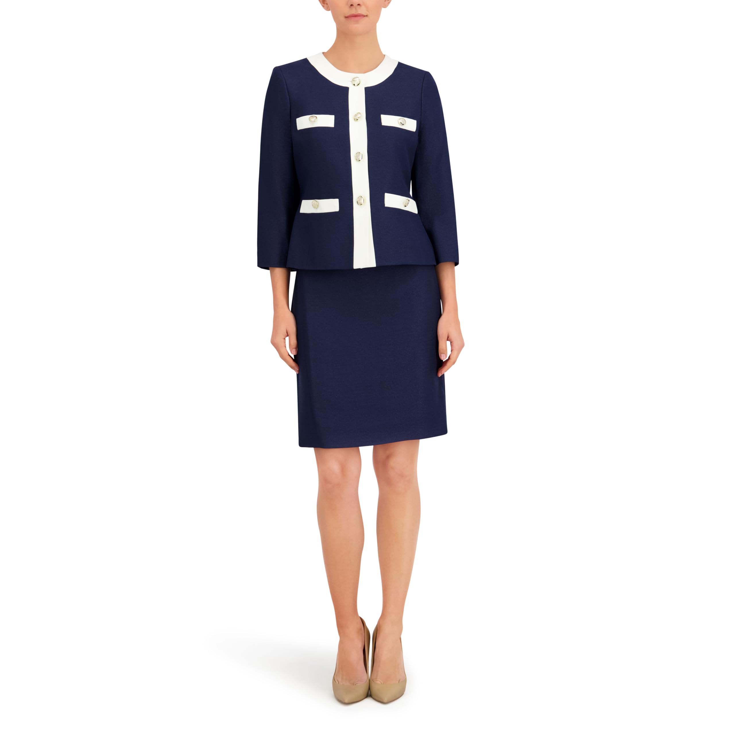 Le Suit Womens Petite Jewel Neck Framed Blazer Skim Skirt 2pc Set Indigo Vanilla ICE