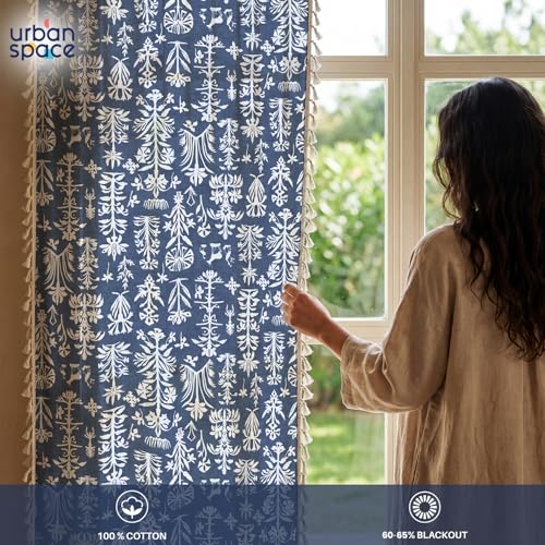 Image of Urban Space Boho Decorative Curtain for Window, 100% Cotton Curtain 5 Feet Long, 1 Piece Curtain with Tassels, 60-65% Room Darkening with Tieback and Eyelets (Twigs Indigo Blue, 5 Feet)
