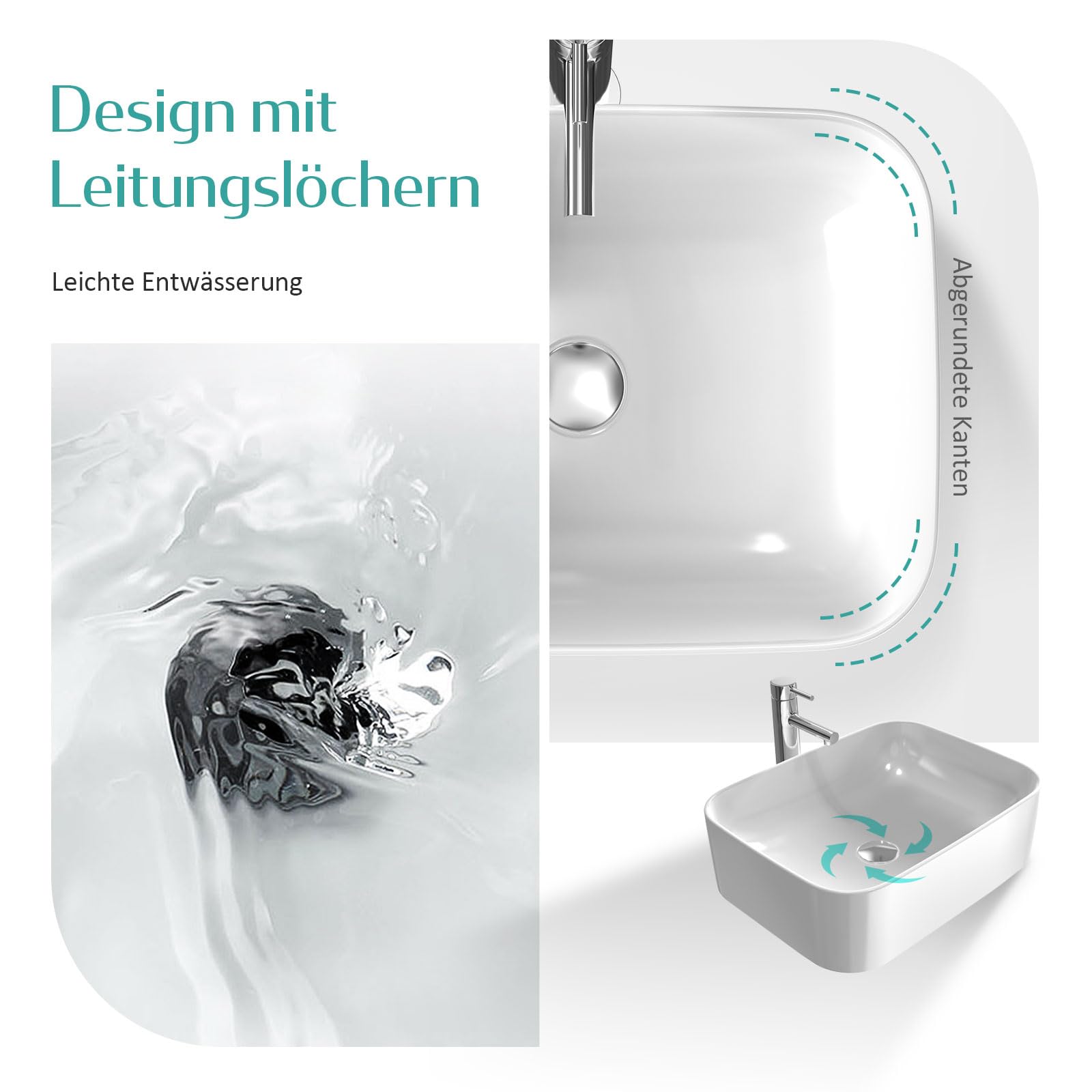 EMKE Lavabo da appoggio 610 x 380 x 150 mm, Lavabo rettangolare in ceramica per bagno, bianco brillante, lavabo di alta qualità per bagno, facile da pulire e installare