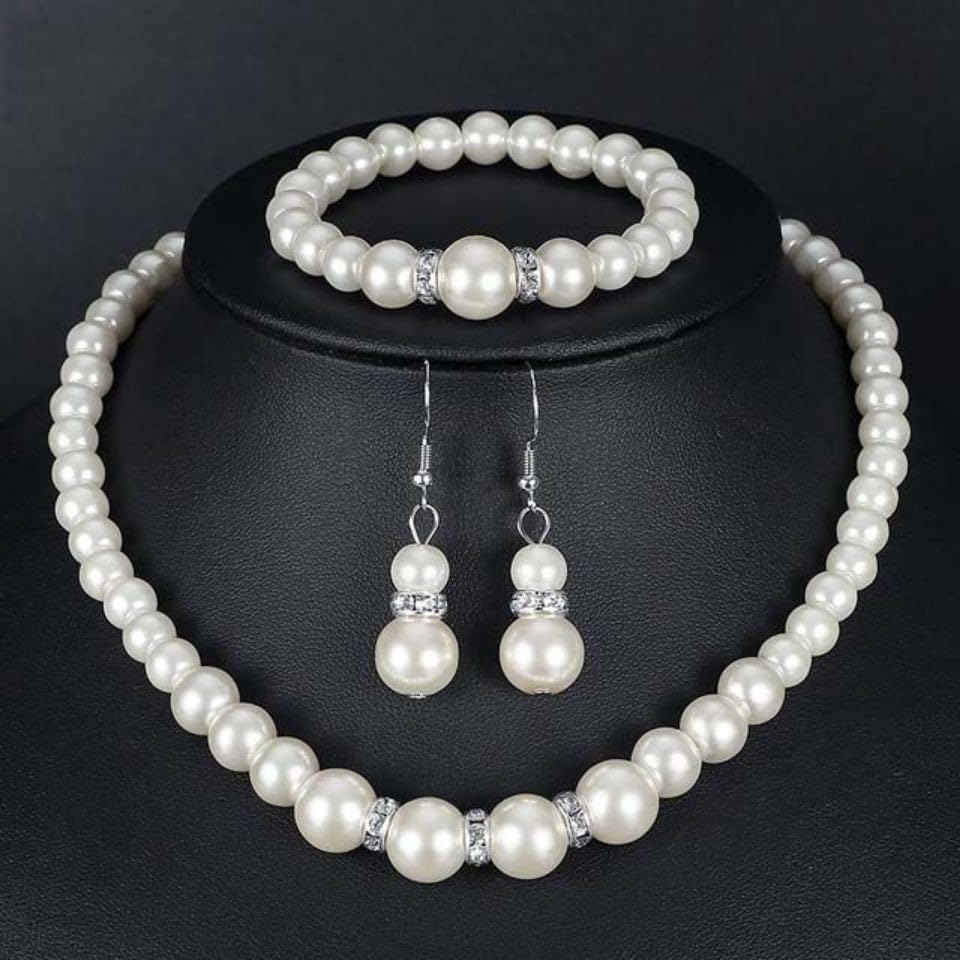 CSIYANJRY99 Pearl Necklace and Earring Set Faux Pearl Jewelry Sets for Women Imitation Beaded Pearl Necklace Bracelet Stud Earrings for Women - Image 3