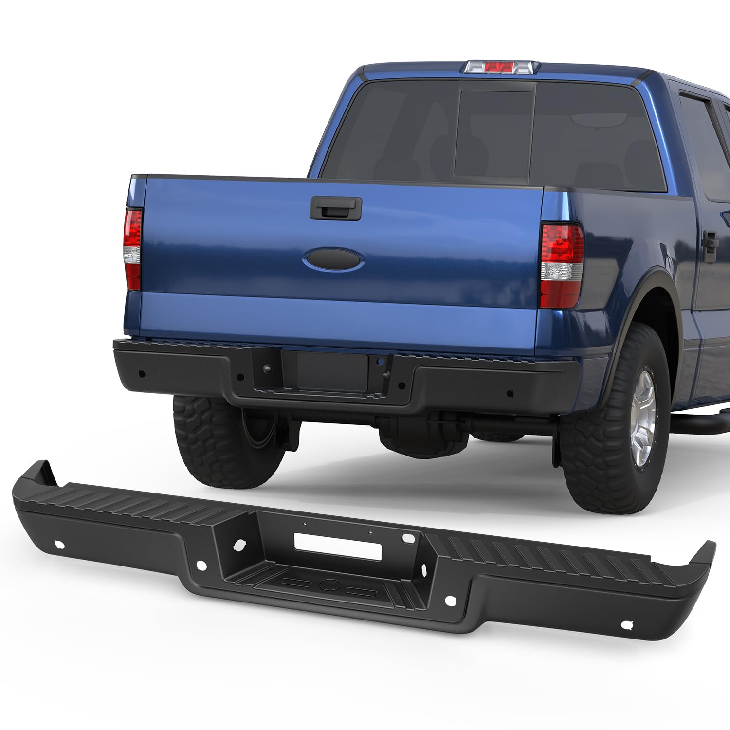 Black Rear Step Bumper Assembly Compatible for 2004 2005 2006 Ford F150 F 150 F-150 Pickup ‎FO1103128 WITH Parking Sensor Holes Steel Complete Back Bumpers