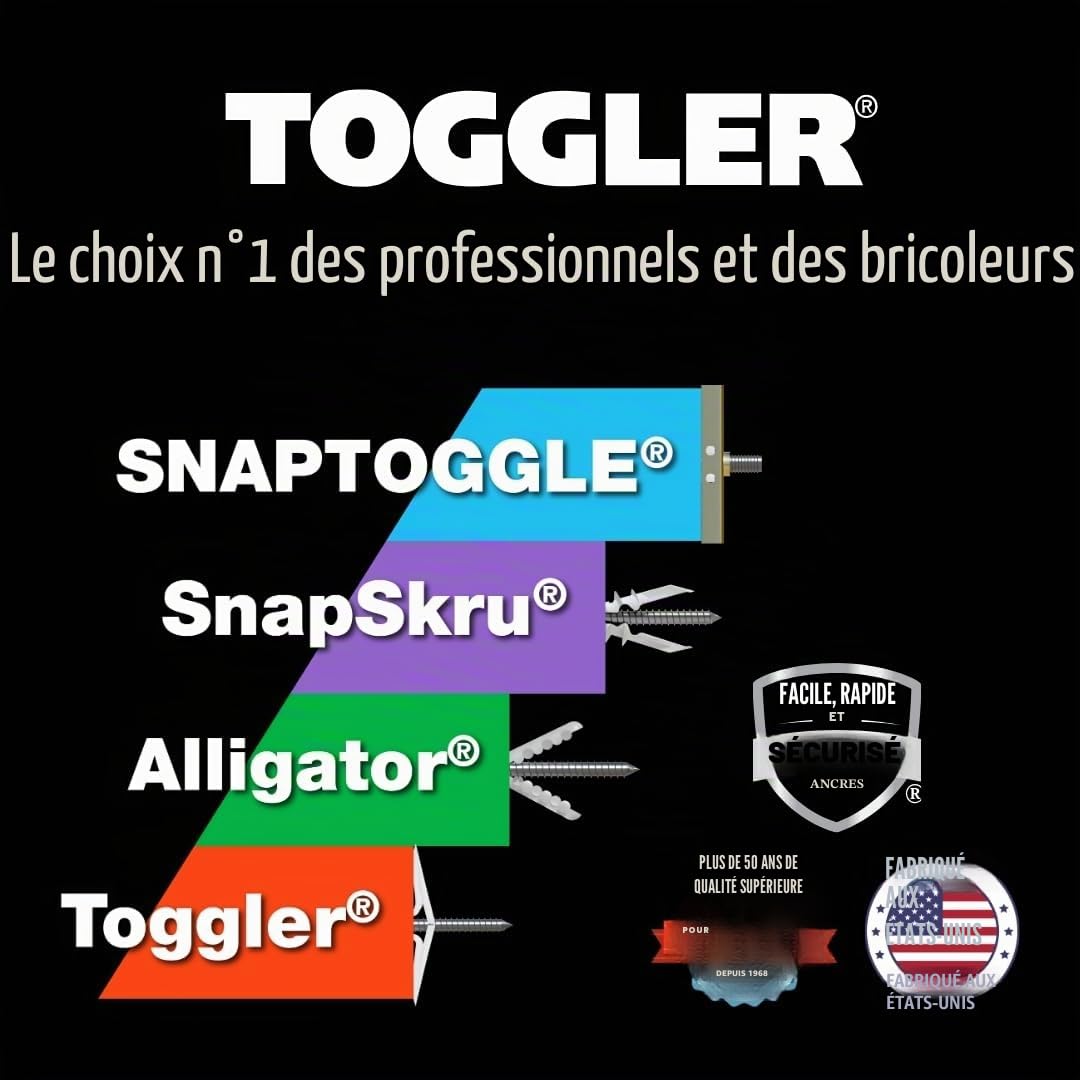 TOGGLER SNAPTOGGLE BB Lot de 10 ancrages à bascule BB avec boulons, canal en acier zingué, fabriqué aux États-Unis, plage de préhension de 0,95 cm à 9,5 cm, pour fixation 1/4"-20 UNC