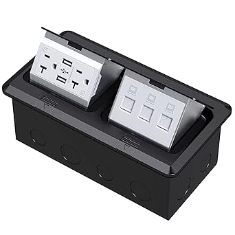 KYHSHJ Dual Pop-Up Floor Electrical Outlet Box Kit?20 Amp Stainless Steel USB TR Receptacle Outlet?3-Port RJ45 Datacom Receptacle?Waterproof Gasket with IP44 Waterproof Rating, ETL Listed, Black