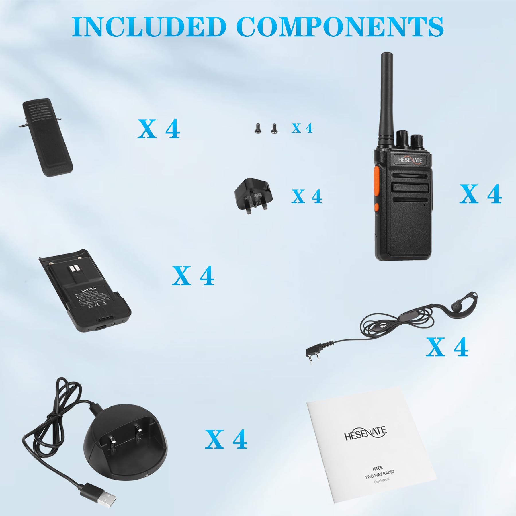 HESENATE Walkie Talkies for Adults, HT66 Long Range PMR446 Handheld 2 Way Radio with Rechargeable USB-C Charger, 16 Channels, 1200mAh Battery (4 Pack, Black) Ideal for Family, Camping, Hiking, Work — view 8