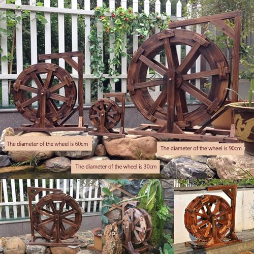 Rustykalna drewniana fontanna z kołem wodnym na świeżym powietrzu, naturalna dekoracja stawu kaskadowego do ogrodu, na patio, spinningowy ornament