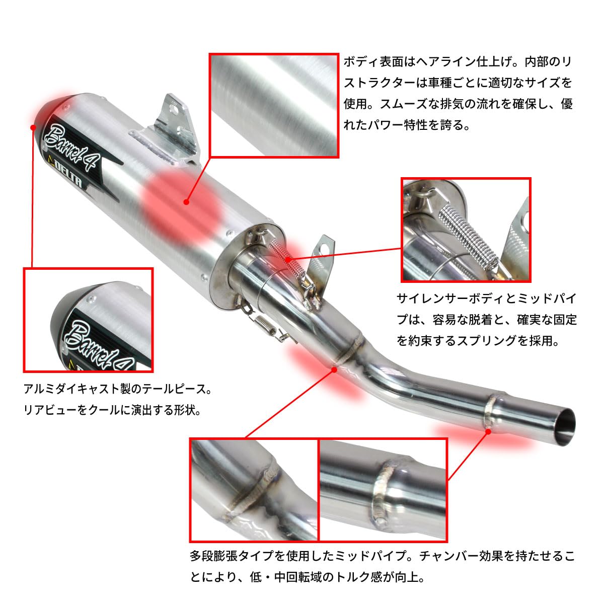 デルタ バレル4サイレンサ／トルクパイプ(エキマニ)Dトラッカー、KLX250