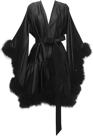Molisa Womens Feather Fur Robe Silk Satin Bridal Dressing Gown Short Lingerie Nightgown Bathrobe Sleepwear Maternity Robe